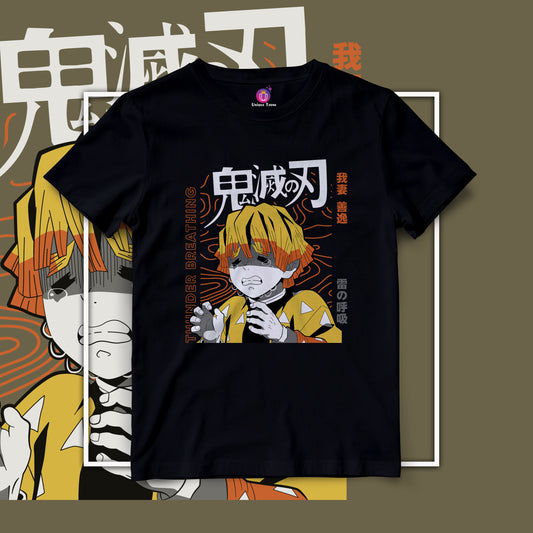 Agatsuma Zenitsu Anime Graphics Demon Slayer Half Sleeve Round Neck Unisex Cotton Tshirt