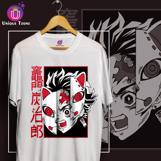 Anime Graphics Slayer Face Of Demon Round Neck Cotton Tshirt