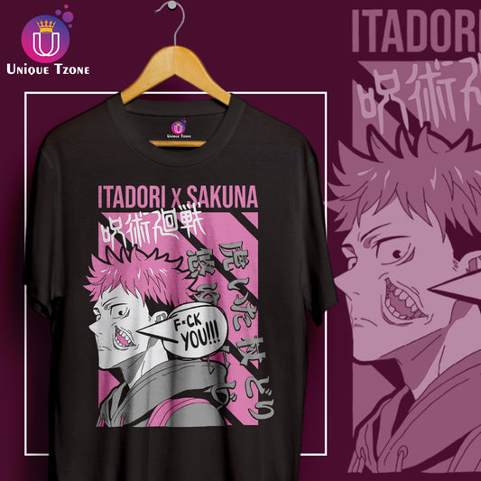 Itadori X Sakuna Anime Graphics Round Neck Half Sleeve Unisex Cotton Tshirt