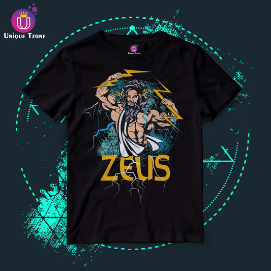 Zeus The God Of Thunder Unique Graphics Round Neck Half Sleeve Unisex Black Cotton Tshirt