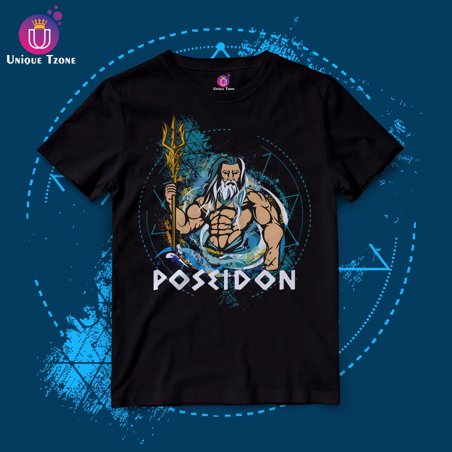 Poseidon The God Of The Sea Unique Graphics Round Neck Half Sleeve Black Unisex Tshirt
