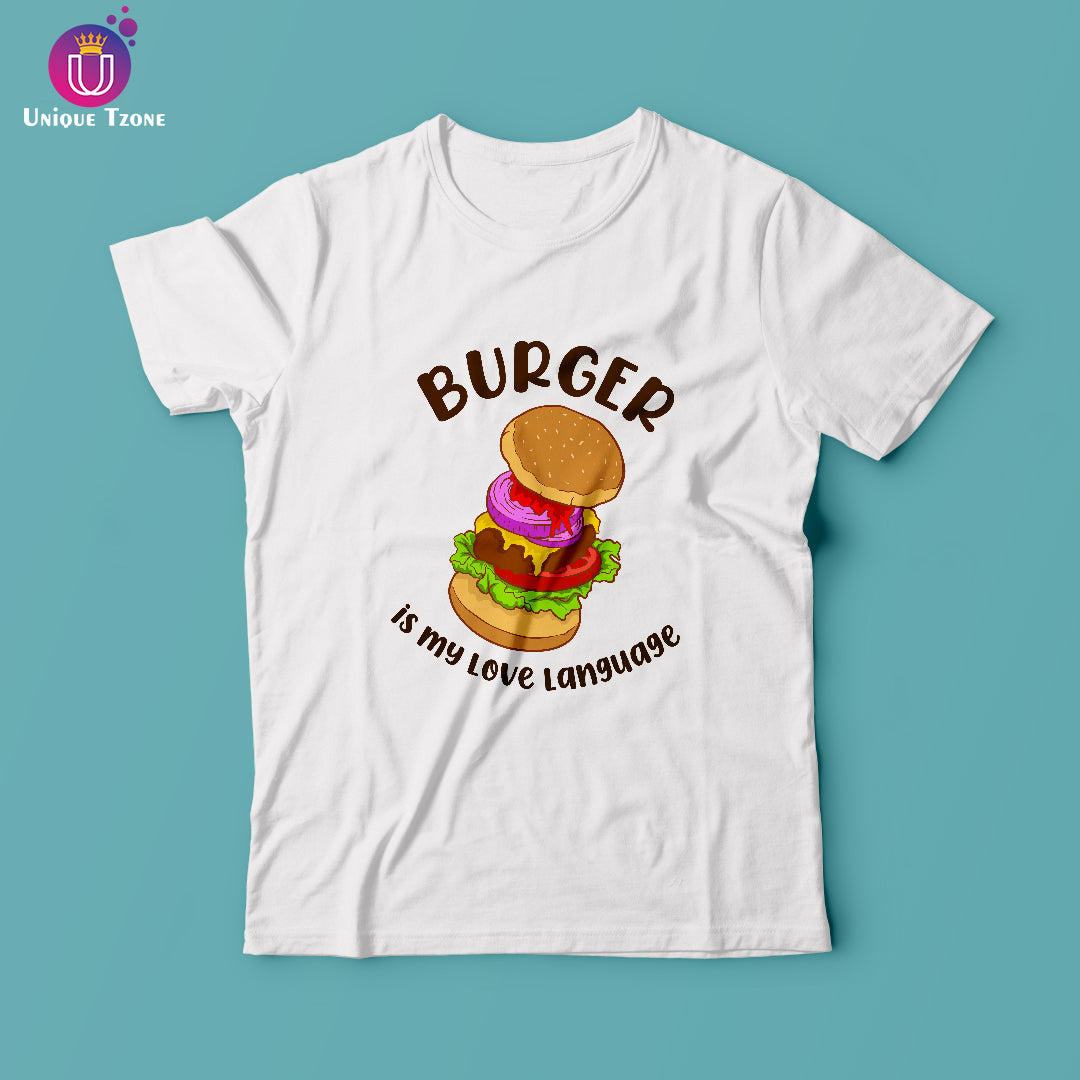 Burger Is My Love Language White Round Neck Half Cotton T-shirt