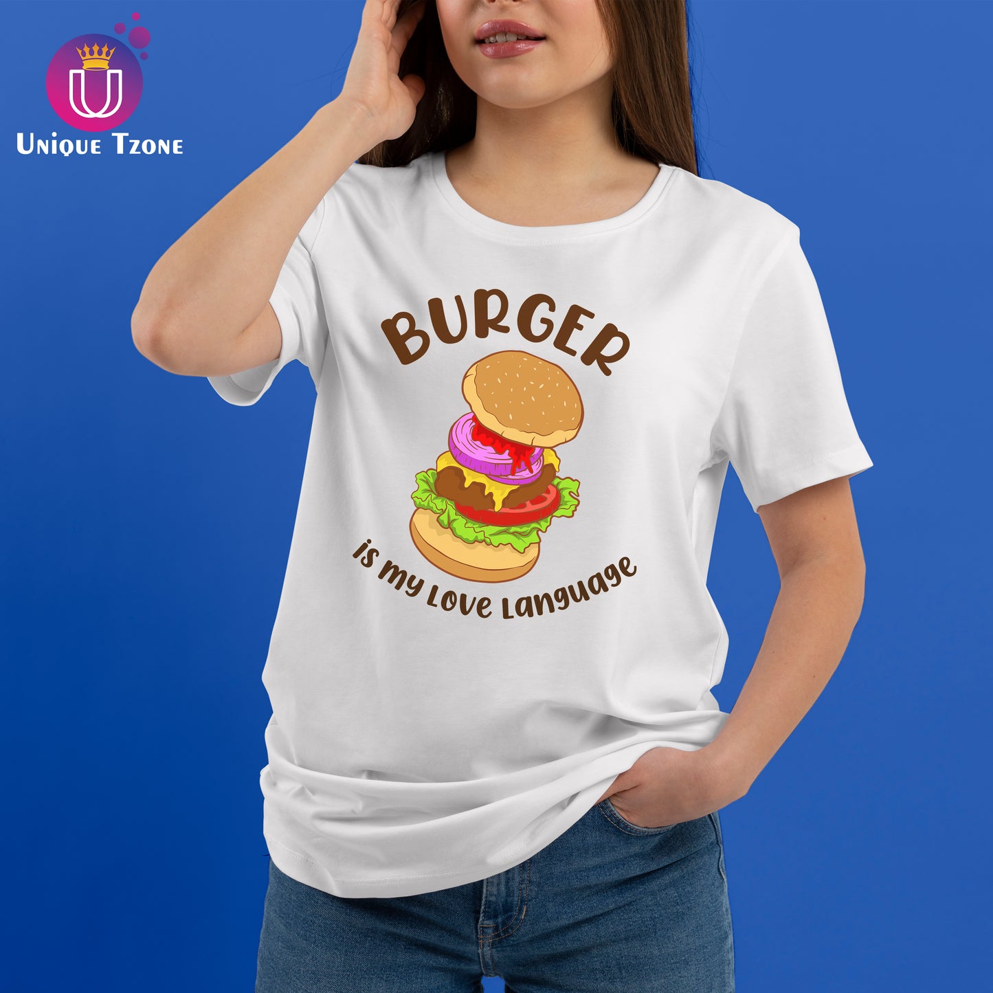 Burger Is My Love Language White Round Neck Half Cotton T-shirt