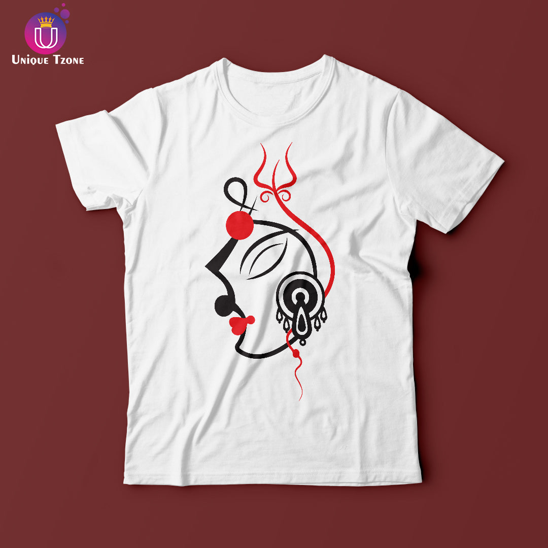 Debi Ma Side Face Art Bengali Graphics Round Neck Half Sleeve Cotton Tshirt