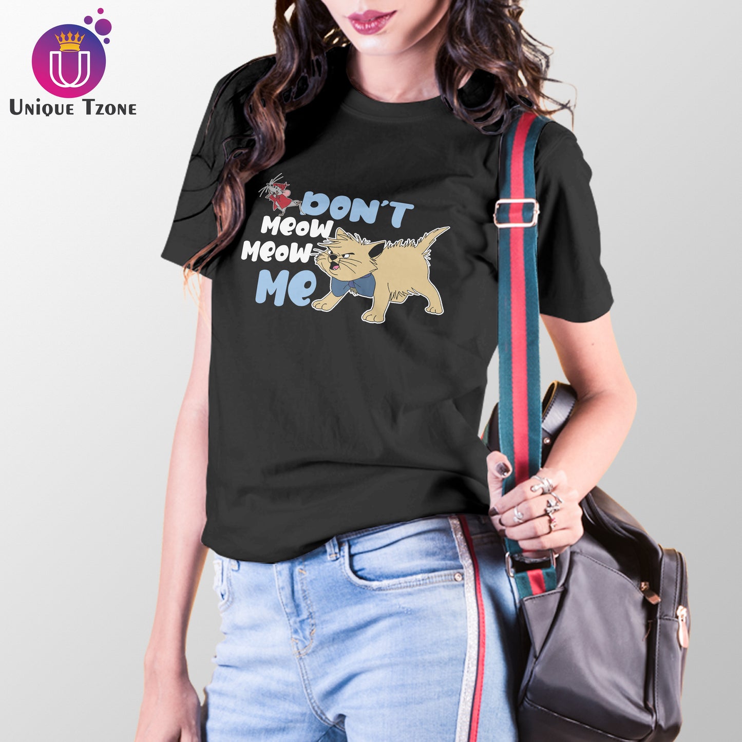 Don't Meow Me Aristo Cat Cartoon Round Neck Black Cotton T-shirt