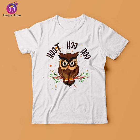 Hoot Ho Hoo Cute Owl Half Sleeve Round Neck Cotton T-shirt