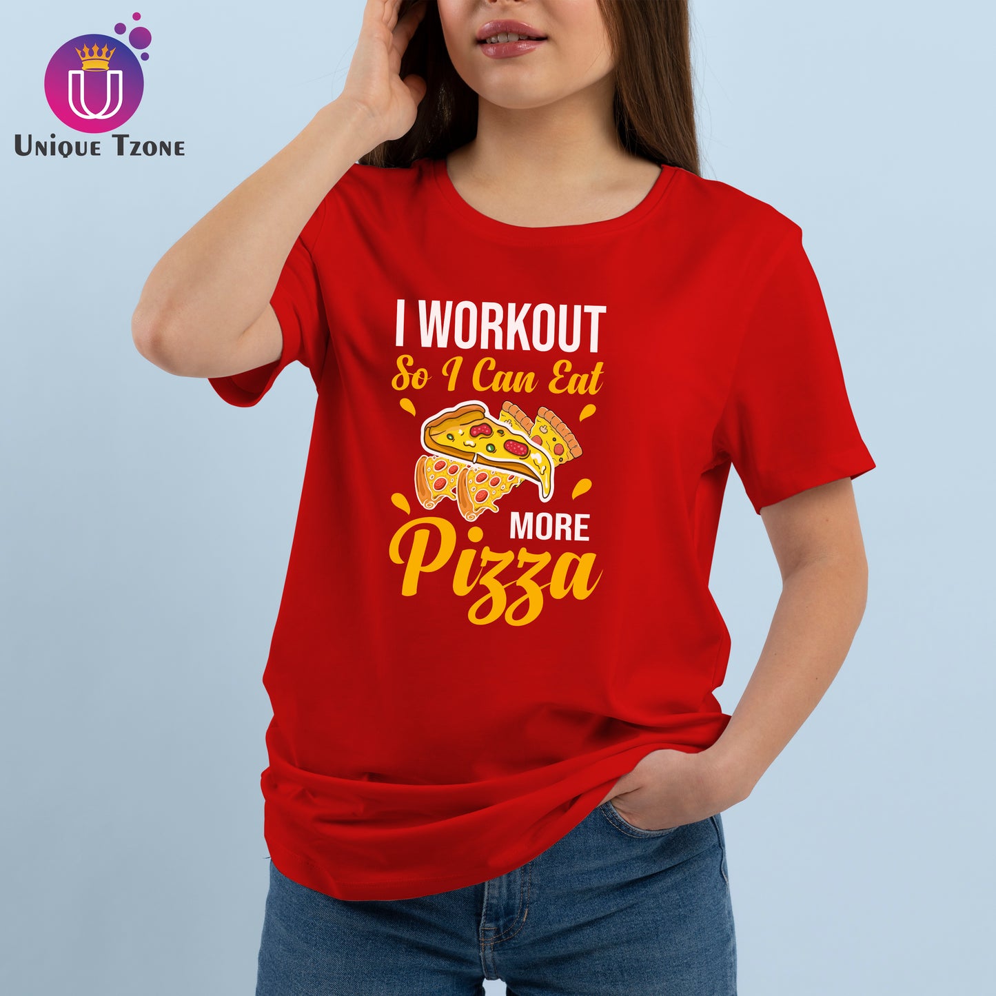 I Workout So I Can Eat Pizza Red Half Sleeve Foodie Cotton Round Neck T-shirt