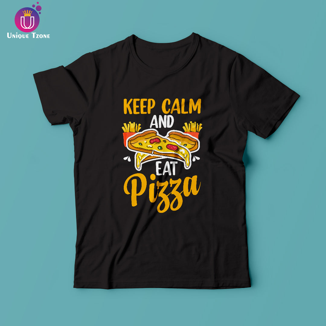 Keep Clam and Eat Pizza Black Round Neck Cotton T-shirt