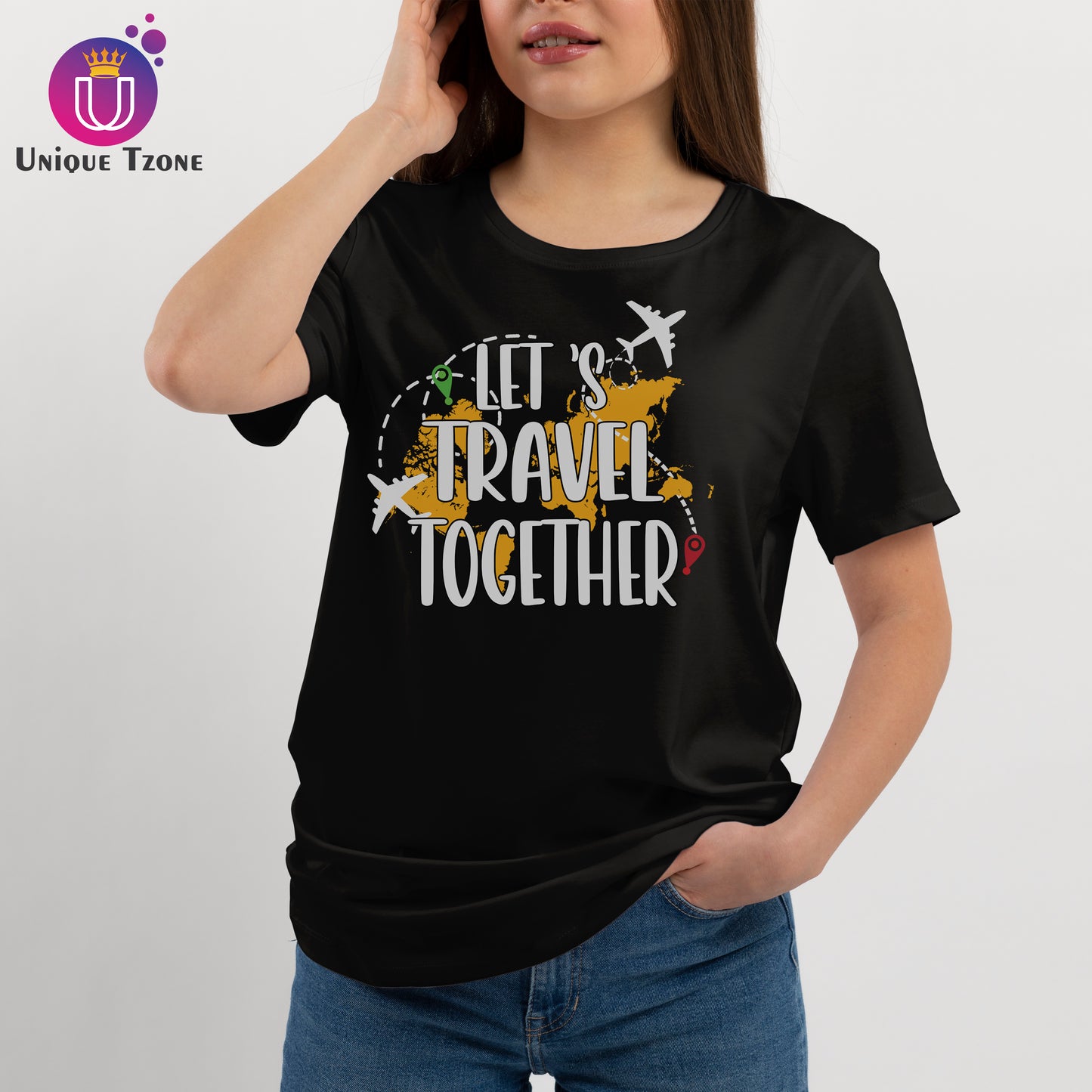 Let's Travel Together Black Round Neck Cotton T-shirt