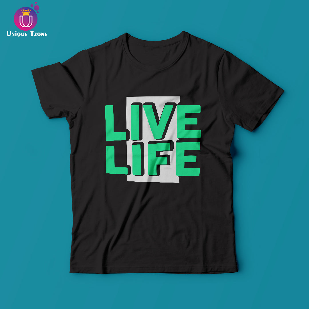 Live Life Black Round Neck Cotton Half Sleeve T-shirt
