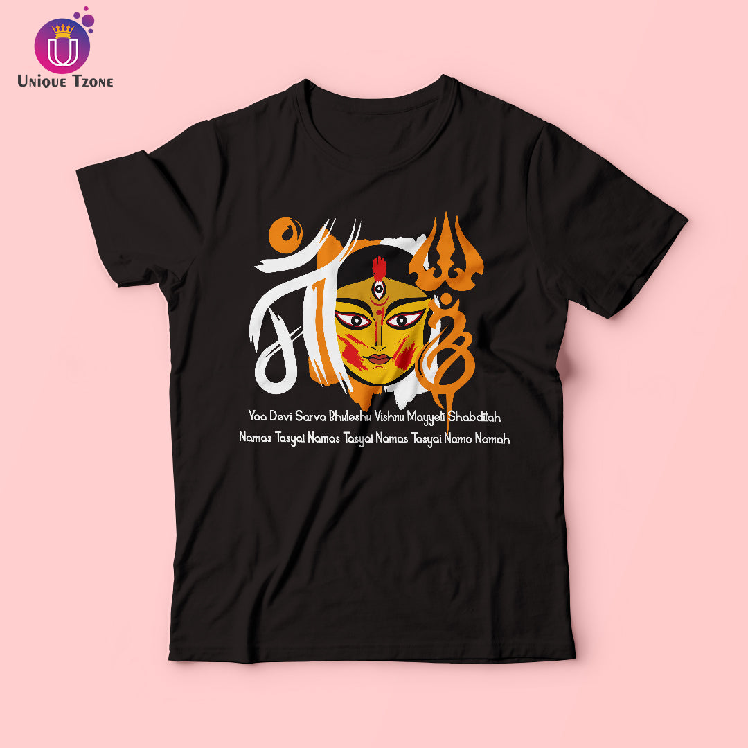 Durga Maa Face Art With Powerful Mantra Cotton T-shirt