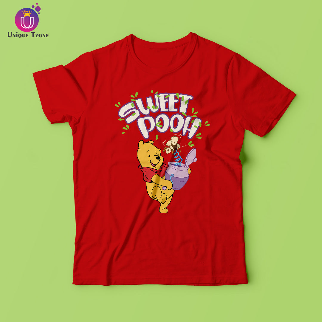 Sweet Pooh Round Neck Half Sleeve Cotton T-shirt