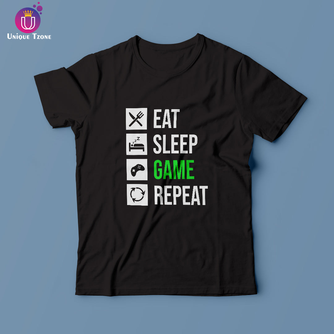 Eat Sleep Game Repeat Black Round Neck Half Sleeve Cotton T-shirt